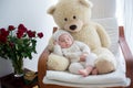 Sweet little baby boy, sleeping with huge teddy bear in big armchair Royalty Free Stock Photo