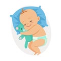 Sweet little baby sleeping in his bed and hugging teddy bear, colorful cartoon character vector Illustration Royalty Free Stock Photo