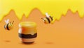 Sweet little bees flying around a pot of honey. Dripping honey background. 3D illustration. Vector