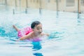 Sweet little boy, swimming in big swimming pool, summertime Royalty Free Stock Photo