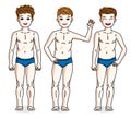 Sweet little boys young teen standing in blue underwear. Vector