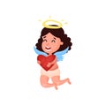 Sweet little brunette angel girl flying with red heart cartoon vector Illustration