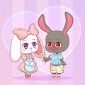 Sweet Little cute kawaii anime cartoon Puppy bunny rabbit boy and girl with flower chamomile shape of a heart. Card for Valentine Royalty Free Stock Photo