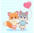 Sweet Little cute kawaii anime cartoon Puppy fox wolf dog boy and girl with pink balloon in the shape of a heart. Card for Valenti Royalty Free Stock Photo