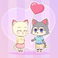 Sweet Little cute kawaii anime cartoon Puppy wolf dog puppy boy and cat, kitten girl with pink balloon in the shape of a heart. Ca Royalty Free Stock Photo