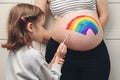 Sweet little daugter painting pregnant belly her mother. Baby birth expecting time and belly painting