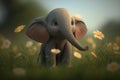 Sweet little elephant enjoying a spring flower field