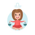 Sweet little girl as Libra astrological sign, horoscope zodiac character colorful cartoon Illustration Royalty Free Stock Photo