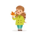 Sweet little girl in in green coat holding colorful maple leaves, cute kid enjoying fall, autumn kids activity vector