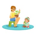 Sweet little girl learning about plants with teacher, lesson of botany in kindergarten cartoon vector Illustration