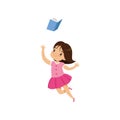 Sweet little girl in pink dress jumping with book, cute kid playing and learning vector Illustration on a white