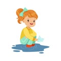 Sweet little girl playing with paper boat in a water puddle cartoon vector Illustration Royalty Free Stock Photo