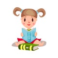 Sweet little girl sitting and reading a book, education and knowledge concept, colorful character Illustration Royalty Free Stock Photo