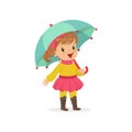 Sweet little girl in warm clothing walking with umbrella, cute kid enjoying fall, autumn kids activity vector