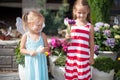 Sweet little girls in a country yard with flowers Royalty Free Stock Photo