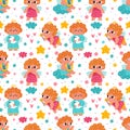 Sweet little heaven angels seamless pattern. Cartoon print with cute cupids on clouds. Chubby babies hold harps and Royalty Free Stock Photo