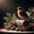 Robin Red-breast sitting on yule log at Christmas