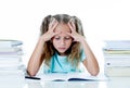 Sweet little schoolgirl feeling exhausted and stress by load of homework and schoolwork Royalty Free Stock Photo