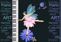 Sweet little winged fairy - ballerina in pink tutu playing on a large concert grand piano. Lovely blue chamomile and abstract text