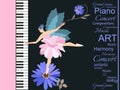 Sweet little winged fairy - ballerina in pink tutu playing on a large concert grand piano. Lovely blue chamomile and abstract text