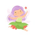 Sweet Little Winged Fairy Flying with Lilac Hair and Magic Wand, Beautiful Redhead Girl Character in Fairy Costume