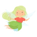 Sweet Little Winged Fairy with Green Long Hair, Cute Flying Girl Character in Fairy Costume with Magic Wand Vector