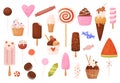 Sweet lollipops and ice cream. Caramel and candies, chocolate creamy dessert. Waffle cones, popsicles and lollipop