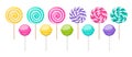 Sweet lollipops, spiral and round caramel candies