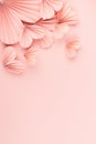 Sweet love background for celebrate wedding or Valentine day - gentle pink paper hearts flying on pink backdrop as header border.