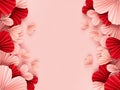 Sweet love background for wedding or Valentine day with gentle pink and red paper hearts flying on pink backdrop, sideways border. Royalty Free Stock Photo