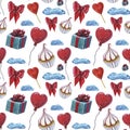 Sweet Love elements pattern. Love and sweets template design. Watercolor pattern whit cupcake, red heart lolipop, heart shaped