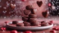 Sweet Love: Flying Chocolate Chip Cookie Hearts on a Red Background, Land with Delight on a Cozy Plate for a Tasty Experience