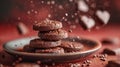 Sweet Love: Flying Chocolate Chip Cookie Hearts on a Red Background, Land with Delight on a Cozy Plate for a Tasty Experience