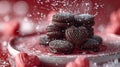 Sweet Love: Flying Chocolate Chip Cookie Hearts on a Red Background, Land with Delight on a Cozy Plate for a Tasty Experience