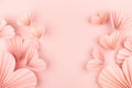 Sweet love Valentine day background with pink paper hearts of asian fans in modern fashion style fly on cute soft light pastel. Royalty Free Stock Photo