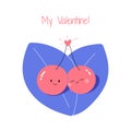 Sweet lovely cherry couple stanging on leaves that toghether make heart sign, celebrating Valentine`s Day