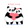 Sweet lovely cute panda couple illustration, holding heart sign with panda love typography, celebrating Valentine`s Day. Isolated