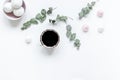 Sweet lunch with marsh-mallow and spring flowers for woman on white background top view mockup