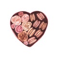Sweet macarons in heart shaped box with white and pink roses. Watercolor hand-drawn illustration isolated on white