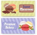 Sweet macaroons premium bakery shop set of banners vector illustration. Cookies of different taste such as coffee, mango