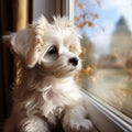 Sweet Maltese puppy on windowsill, looking out the window curiously