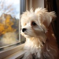 Sweet Maltese puppy on windowsill, looking out the window curiously