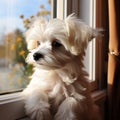 Sweet Maltese puppy on windowsill, looking out the window curiously