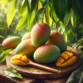 Sweet Mangoes in the garden. 3d rendering Royalty Free Stock Photo