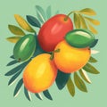 Sweet mangos with leaves on green background.