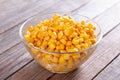 Sweet marinated corn seeds in glass bowl on wooden table Royalty Free Stock Photo