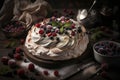 sweet meringue cake baked with berries, nuts and cream