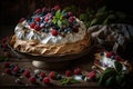 sweet meringue cake baked with berries, nuts and cream