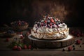 sweet meringue cake baked with berries, nuts and cream