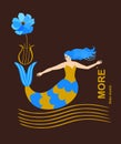 A sweet mermaid with blue hair and golden and blue scales swings on the waves in the form of musical rulers.